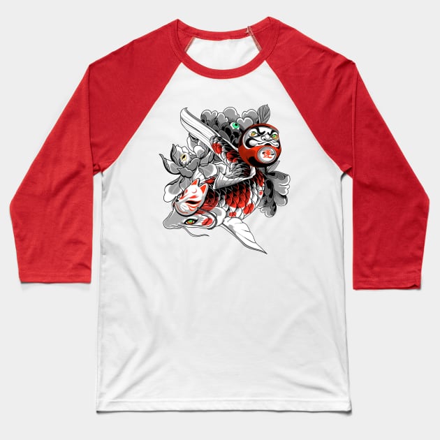 Koi and Daruma Prosperity Baseball T-Shirt by Heymoonly